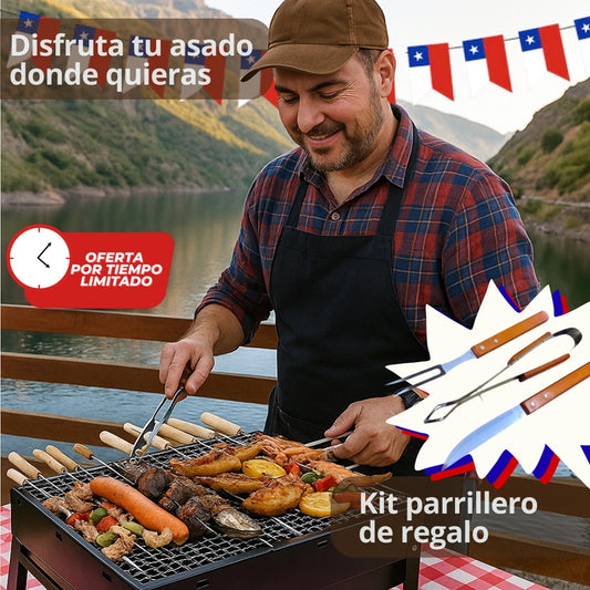 Parrilla Portátil + Kit Parrillero de Regalo - Ármala en segundos y prepara tu asado donde quieras